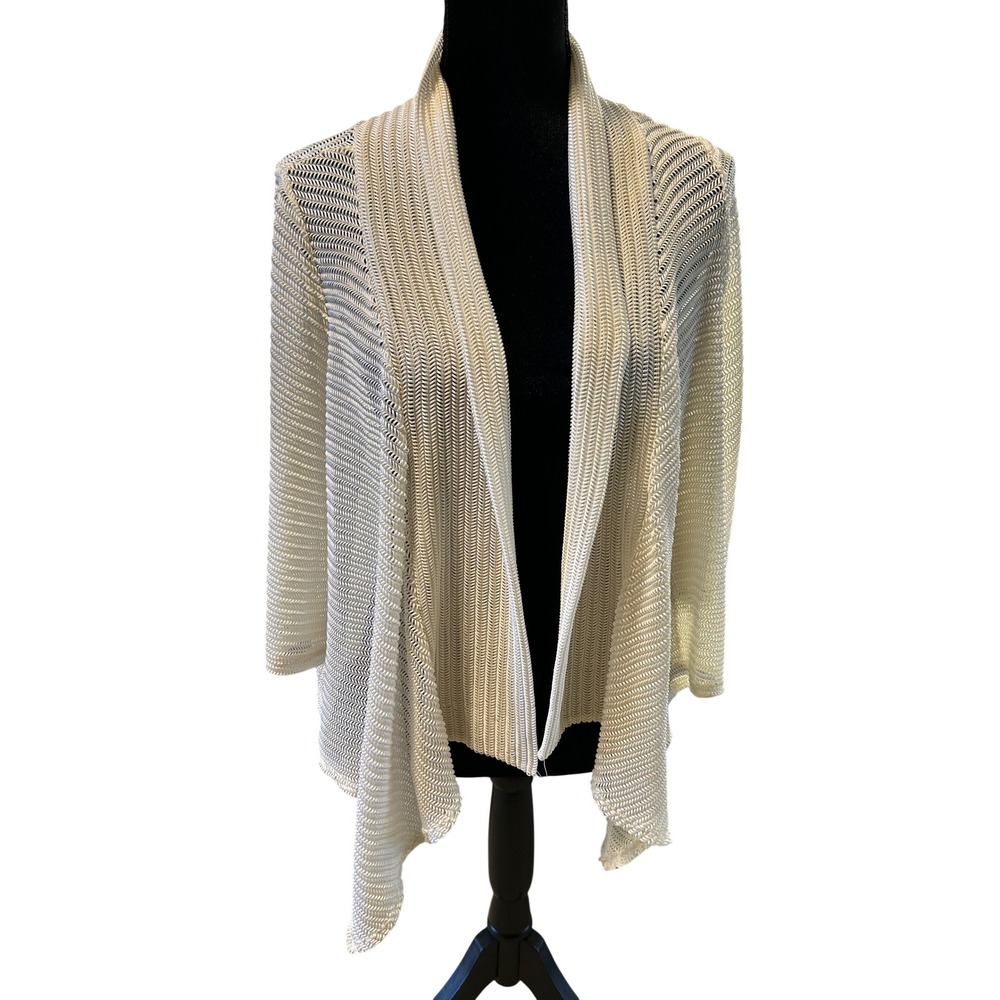 Perceptions Petite Cream Chevron Mesh Open Front Draped Cardigan RA347P Ivory